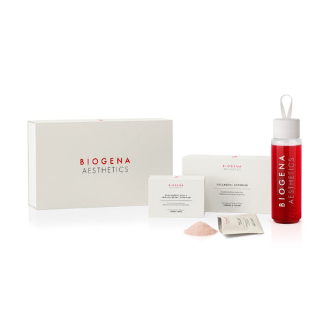 Biogena Beauty & Glow Bundle gift set with both sachet boxes and the water bottle