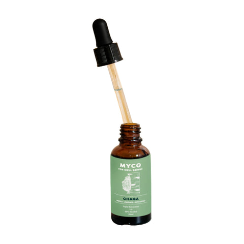 MYCO Chaga tincture bottle with the dropper lifted out
